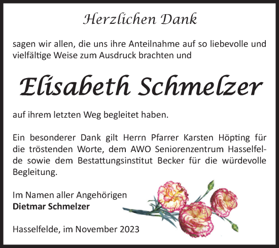 Traueranzeige von Elisabeth Schmelzer von Volksstimme Wernigerode