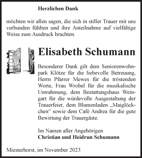 Traueranzeige von Elisabeth Schumann von Volksstimme Altmark West