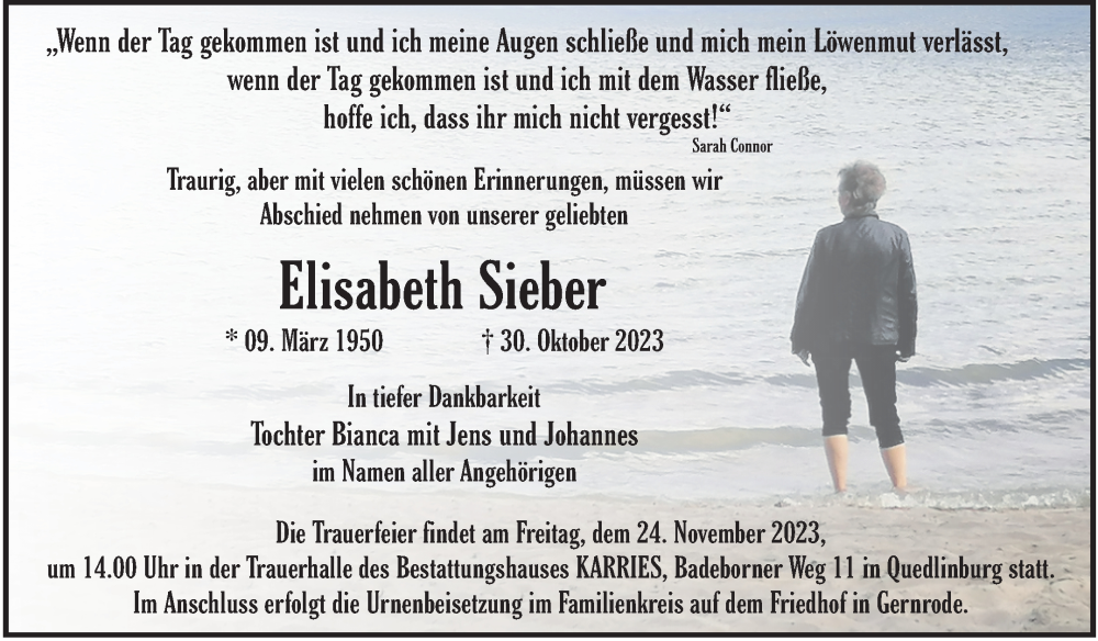  Traueranzeige für Elisabeth Sieber vom 11.11.2023 aus Trauerkombi Quedlinburg