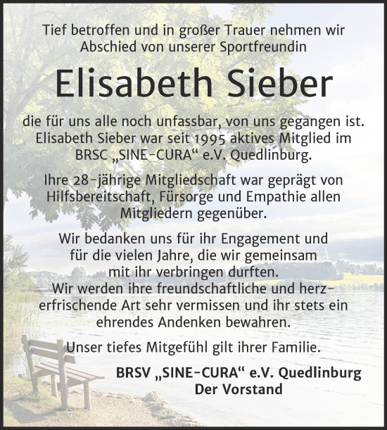 Traueranzeige von Elisabeth Sieber von Trauerkombi Quedlinburg