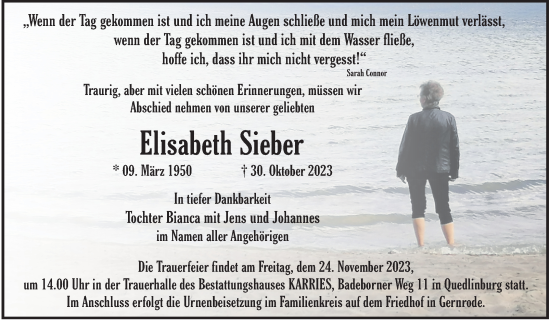 Traueranzeige von Elisabeth Sieber von Trauerkombi Quedlinburg