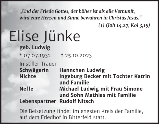Traueranzeige von Elise Jünke von Trauerkombi Bitterfeld