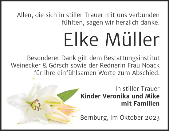 Traueranzeige von Elke Müller von Trauerkombi Bernburg