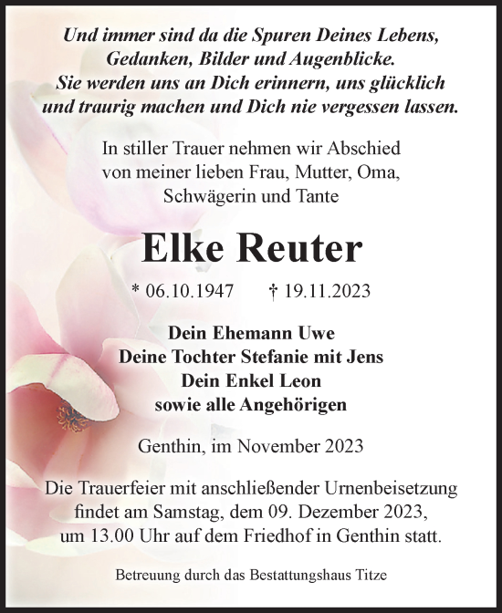 Traueranzeige von Elke Reuter von Volksstimme Burg/Genthin
