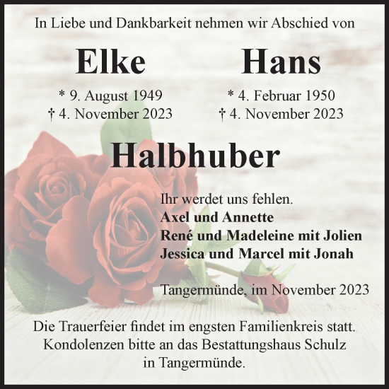 Traueranzeige von Elke und Hans Halbhuber von Volksstimme Altmark Ost