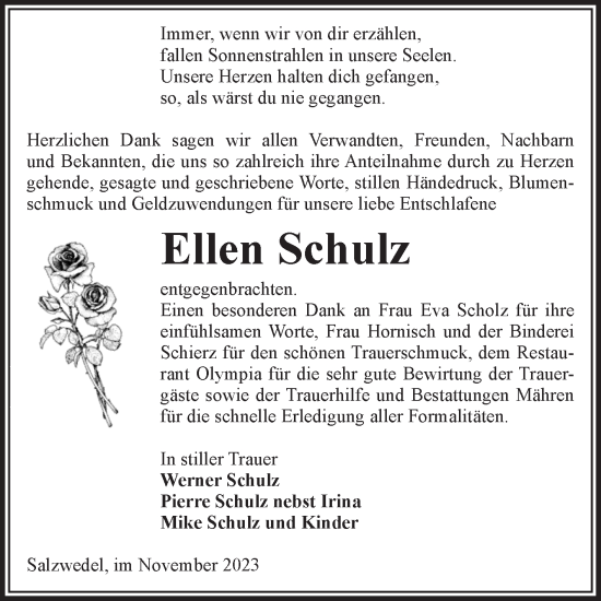 Traueranzeige von Ellen Schulz von Volksstimme Altmark West