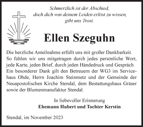 Traueranzeige von Ellen Szeguhn von Volksstimme Altmark Ost