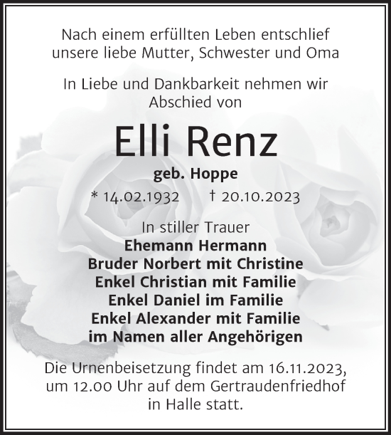 Traueranzeige von Elli Renz von Mitteldeutsche Zeitung Halle/Saalkreis