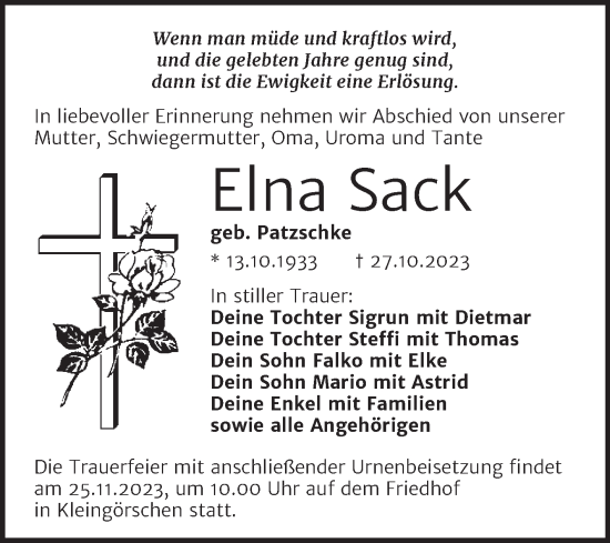 Traueranzeige von Elna Sack von Trauerkombi Weißenfels