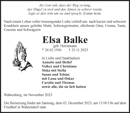 Traueranzeige von Elsa Balke von Volksstimme Altmark Ost