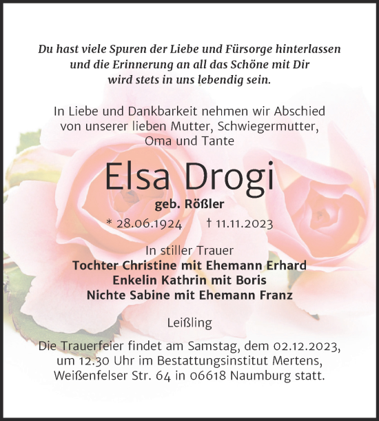 Traueranzeige von Elsa Drogi von Wochenspiegel Weißenfels