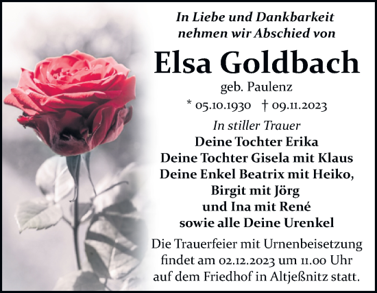 Traueranzeige von Elsa Goldbach von Trauerkombi Bitterfeld