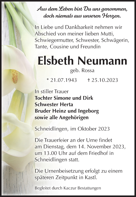 Traueranzeige von Elsbeth Neumann von Volksstimme Staßfurt