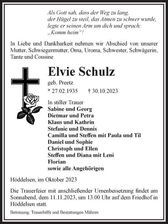 Traueranzeige von Elvie Schulz von Volksstimme Altmark West