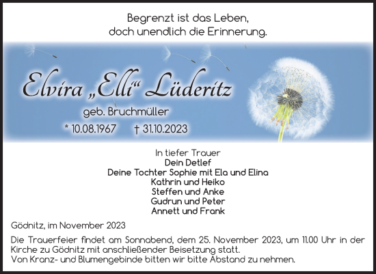 Traueranzeige von Elvira Lüderitz von Volksstimme Zerbst