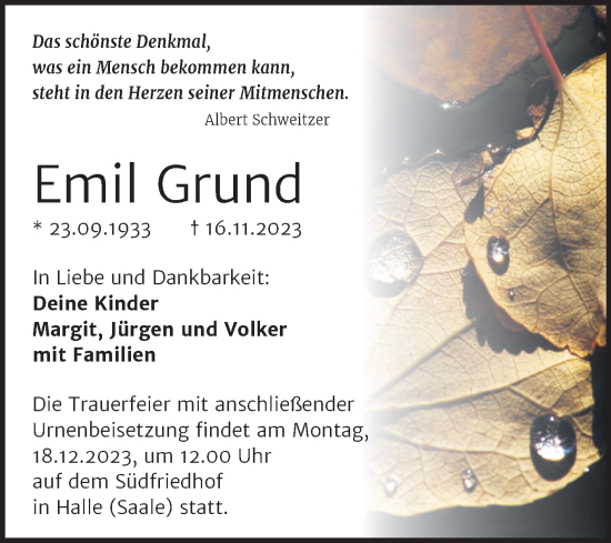 Traueranzeige von Emil Grund von Mitteldeutsche Zeitung Halle/Saalkreis