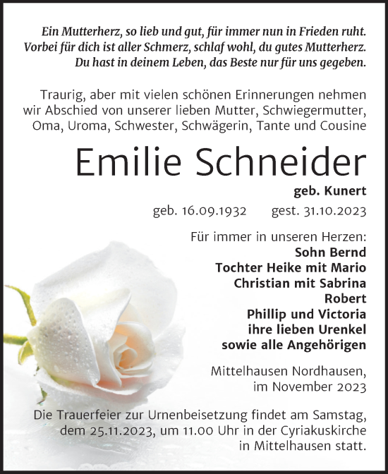 Traueranzeige von Emilie Schneider von Trauerkombi Sangerhausen