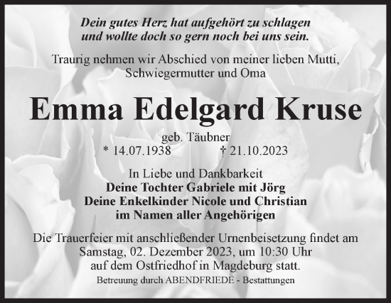 Traueranzeige von Emma Edelgard Kruse von Volksstimme Magdeburg