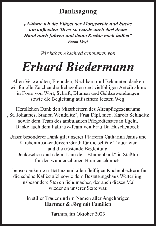 Traueranzeige von Erhard Biedermann von Volksstimme Staßfurt