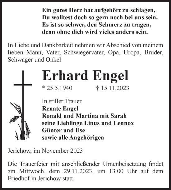 Traueranzeige von Erhard Engel von Volksstimme Burg/Genthin