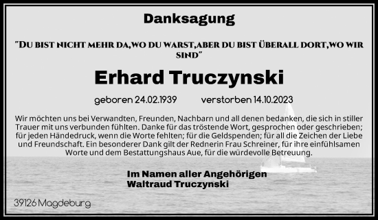 Traueranzeige von Erhard Truczynski von Volksstimme Magdeburg
