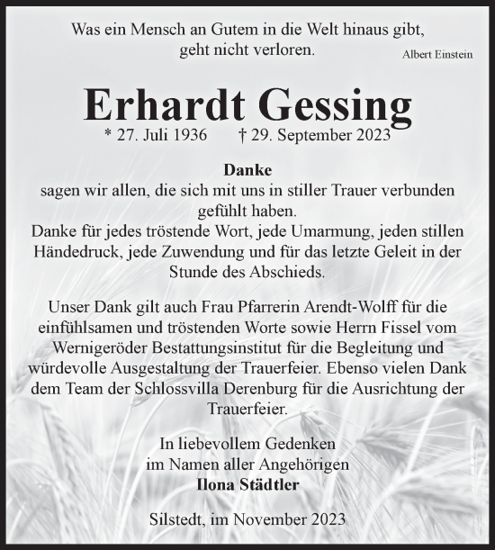 Traueranzeige von Erhardt Gessing von Volksstimme Wernigerode