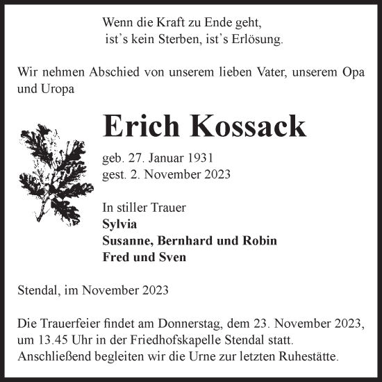 Traueranzeige von Erich Kossack von Volksstimme Altmark Ost