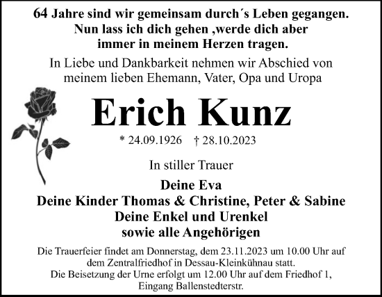 Traueranzeige von Erich Kunz von Trauerkombi Dessau