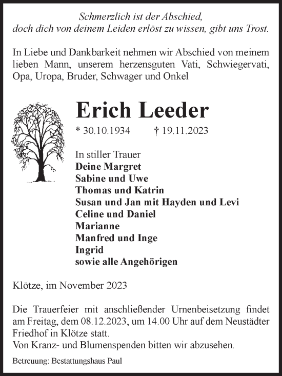Traueranzeige von Erich Leeder von Volksstimme Altmark West