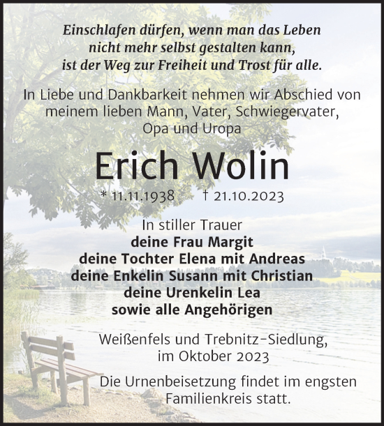 Traueranzeige von Erich Wolin von Trauerkombi Weißenfels