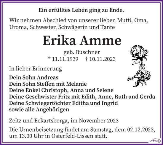 Traueranzeige von Erika Amme von Trauerkombi Zeitz