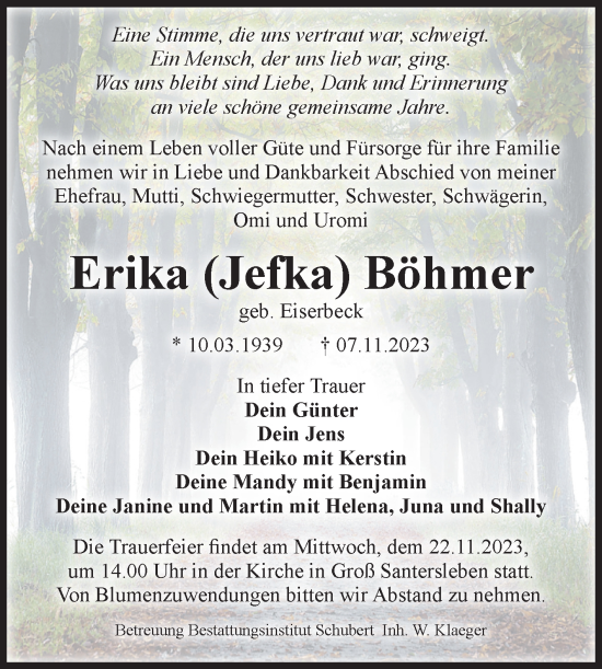 Traueranzeige von Erika Böhmer von Volksstimme Haldensleben/Wolmirstedt