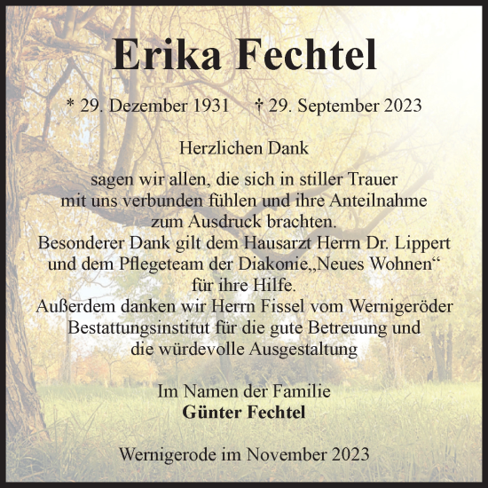 Traueranzeige von Erika Fechtel von Volksstimme Wernigerode