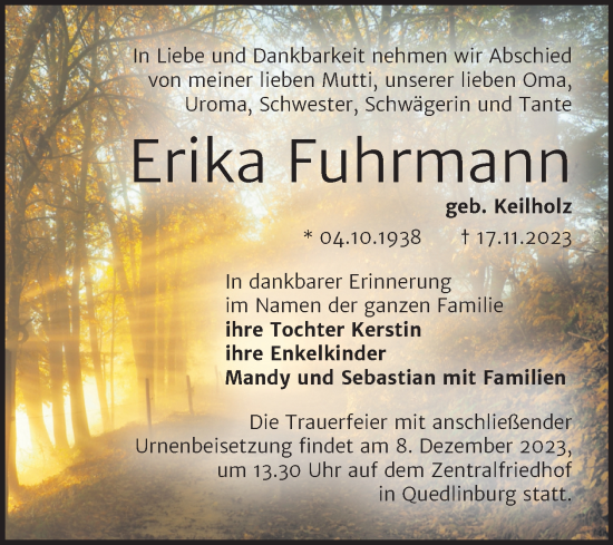 Traueranzeige von Erika Fuhrmann von Trauerkombi Quedlinburg