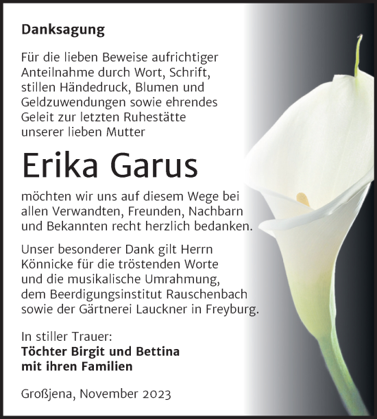 Traueranzeige von Erika Garus von Wochenspiegel Naumburg/Nebra