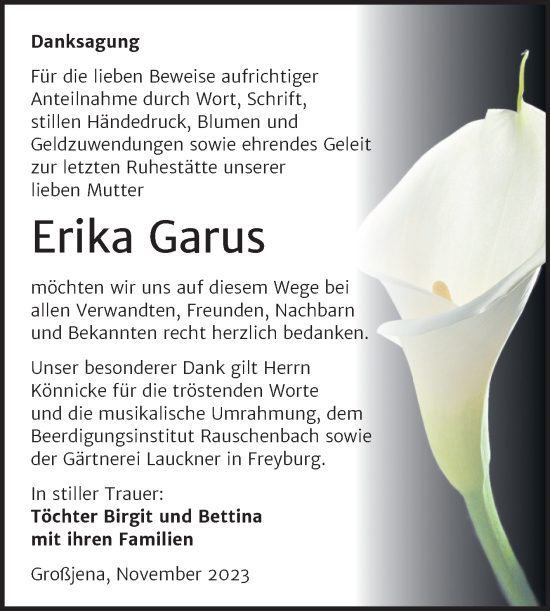 Traueranzeige von Erika Garus von Naumburger Tageblatt