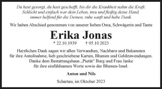 Traueranzeige von Erika Jonas von Volksstimme Burg/Genthin