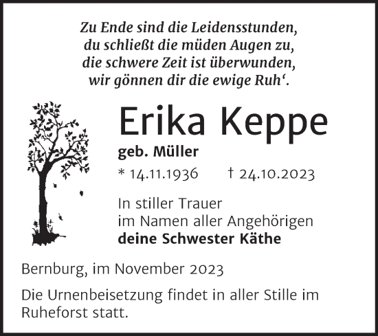 Traueranzeige von Erika Keppe von Trauerkombi Bernburg