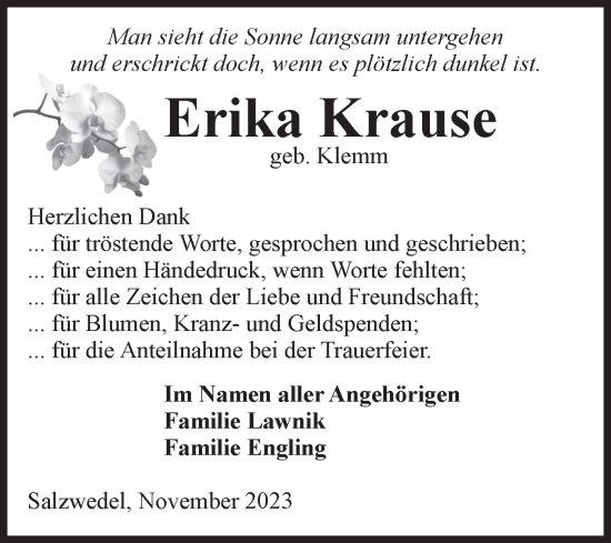 Traueranzeige von Erika Krause von Volksstimme Altmark West