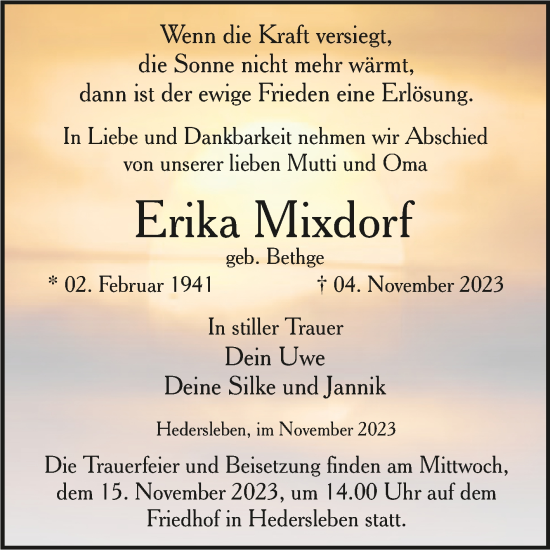 Traueranzeige von Erika Mixdorf von Trauerkombi Quedlinburg