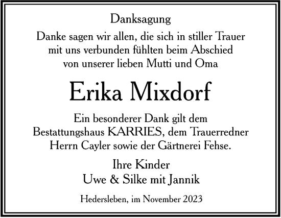 Traueranzeige von Erika Mixdorf von Trauerkombi Quedlinburg