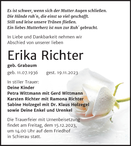 Traueranzeige von Erika Richter von Trauerkombi Bitterfeld