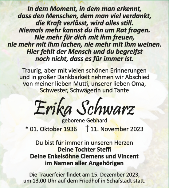 Traueranzeige von Erika Schwarz von Trauerkombi Merseburg