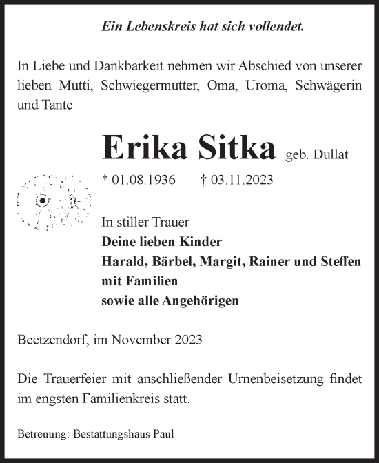 Traueranzeige von Erika Sitka von Volksstimme Altmark West