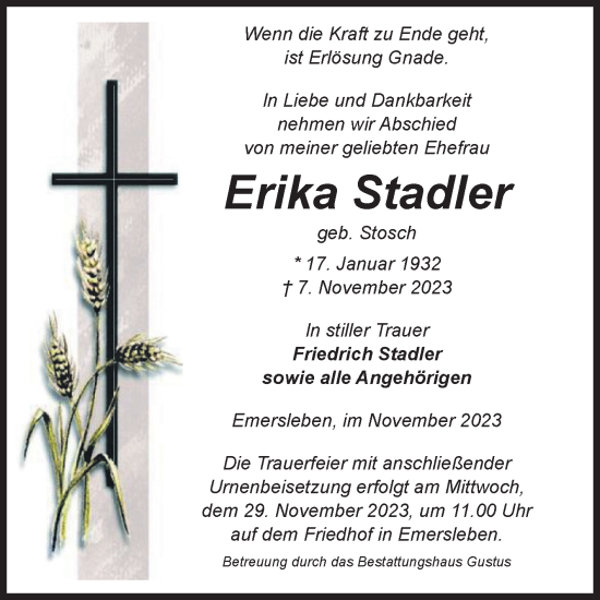Traueranzeige von Erika Stadler von Volksstimme Halberstadt