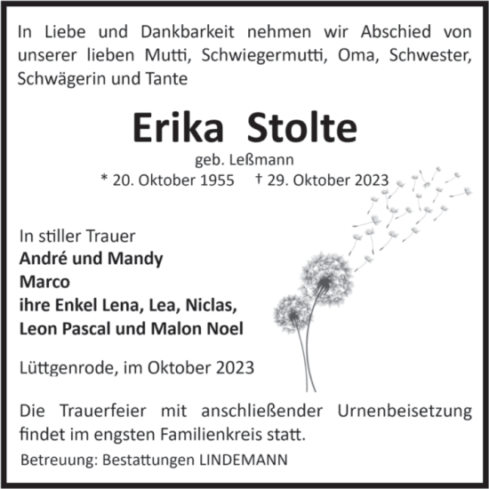 Traueranzeige von Erika Stolte von Volksstimme Halberstadt