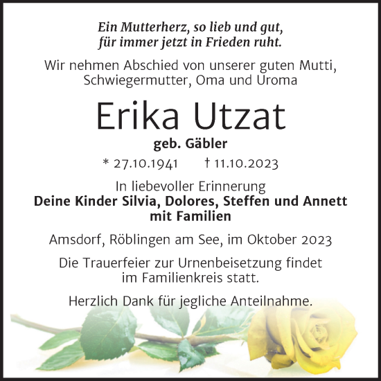 Traueranzeige von Erika Utzat von Trauerkombi Mansfelder Land