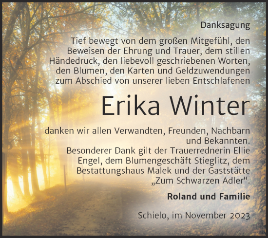 Traueranzeige von Erika Winter von Trauerkombi Quedlinburg