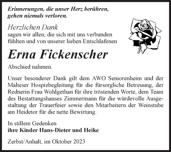 Traueranzeige von Erna Fickenscher von Volksstimme Zerbst