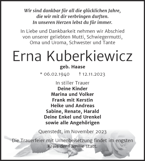 Traueranzeige von Erna Kuberkiewicz von Trauerkombi Mansfelder Land